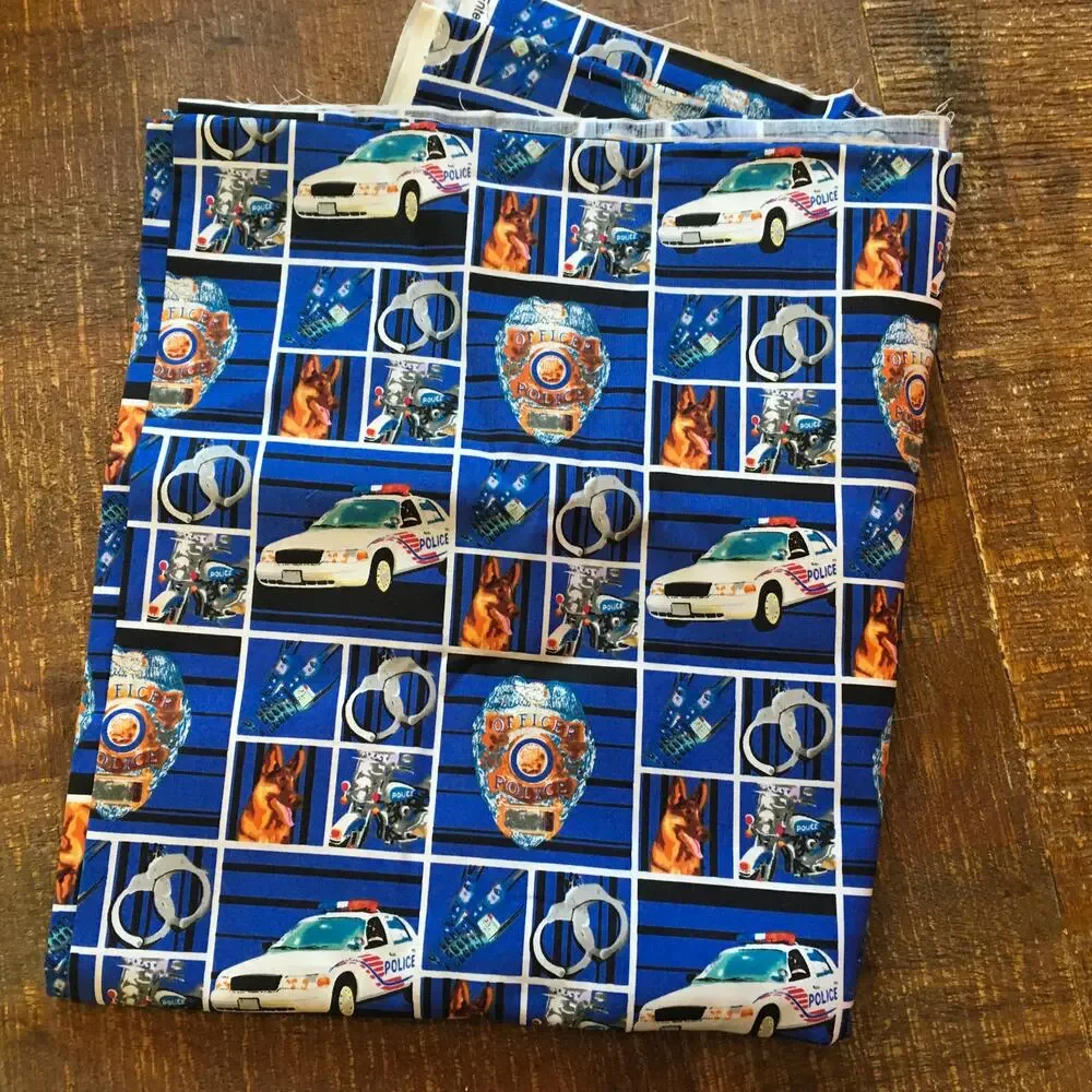 3 yds Cotton Fabric Police Officer Cop Badge Handcuffs Car K9 Radio PD-1115